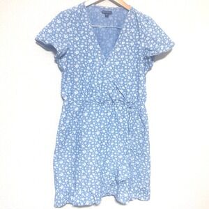 J.Crew Mercantile SZ M Blue Floral Chambray Ruffle Cotton Easy Summer Wrap Dress